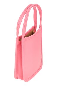 Piccola borsa a mano rosa con una finitura in pelle texturizzata, forma rettangolare e due manici corti. Presenta un design minimalista con nessun hardware visibile.
