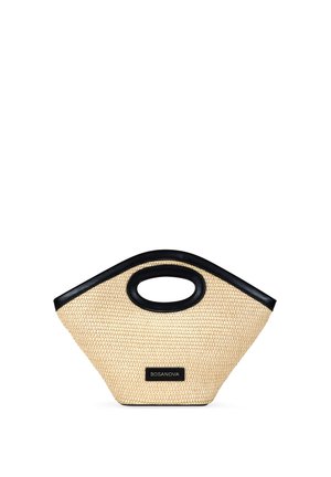 Bolso tejido beige con ribete negro y asa ovalada recortada, con una pequeña etiqueta rectangular "BOSANOVA" en el frente.
