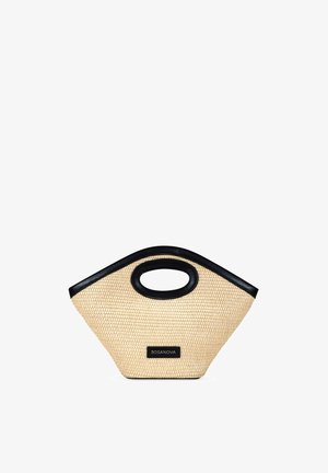 Bolso tejido beige con ribete negro y asa ovalada recortada, con una pequeña etiqueta rectangular "BOSANOVA" en el frente.