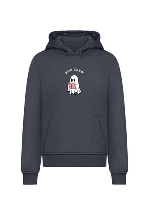 Marineblauer Hoodie mit einer vorderen Kängurutasche, auf dem ein Cartoon-Geist zu sehen ist, der ein pinkes Buch liest, und darüber steht der Schriftzug "BOO CREW".
