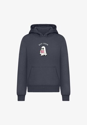 Navy hoodie with a front kangaroo pocket, featuring a cartoon ghost reading a pink book and the text "BOO CREW" above the graphic.