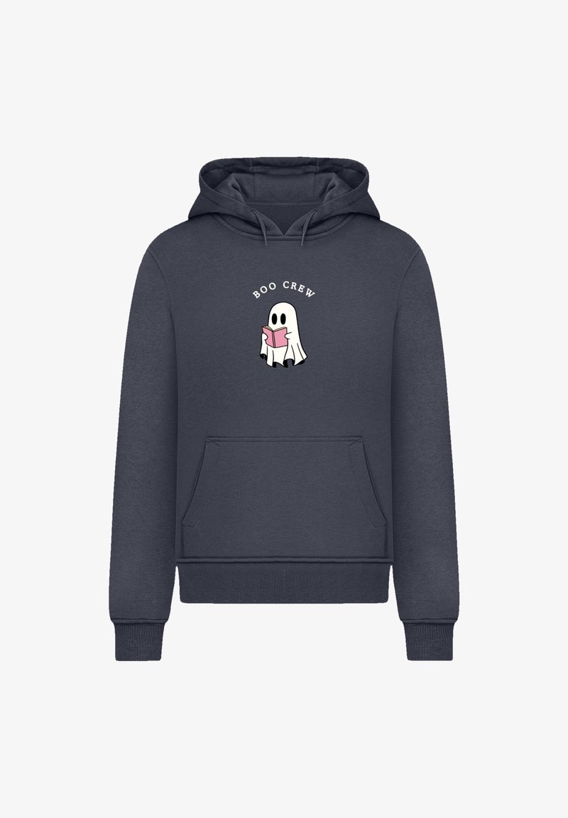 Navy hoodie with a front kangaroo pocket, featuring a cartoon ghost reading a pink book and the text "BOO CREW" above the graphic.
