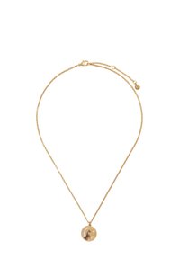 Goldene Metallkette mit einer zarten Kette und einem runden Anhänger mit einer Illustration im Inneren. Verstellbarer Verschluss für die Länge.