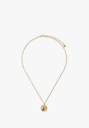 Goldene Metallkette mit einer zarten Kette und einem runden Anhänger mit einer Illustration im Inneren. Verstellbarer Verschluss für die Länge.