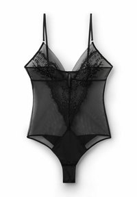 Bodysuit noir en maille transparente avec des accents en dentelle florale sur le buste et des coutures structurées. Bretelles ajustables et fermeture à pression au niveau du bas.