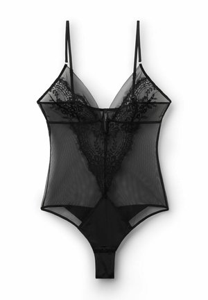 Schwarzer Body aus durchsichtigem Mesh mit floralen Spitzenakzenten an der Brust und strukturierten Nähten. Verstellbare Träger und ein Druckknopfverschluss am Boden.