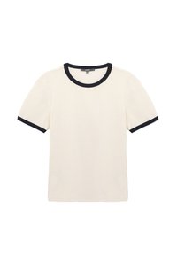 T-shirt cremoso a maniche corte con colletto e orli delle maniche a coste in navy, realizzato in morbido cotone. Design semplice, senza fantasie.