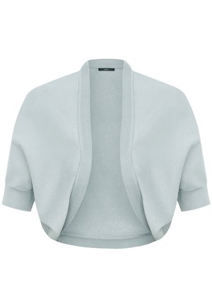 Világoskék, rövid ujjú, vágott kötött kardigán, nyitott elülső résszel, felsők vagy ruhák fölé hordható réteges viseletre tervezve.