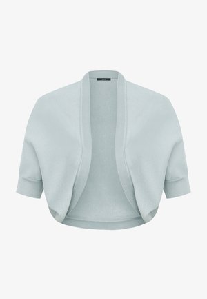 Svetlomodrý skrátený pletený svetrík s krátkymi rukávmi a otvoreným predným dielom, navrhnutý na vrstvenie cez topy alebo šaty.