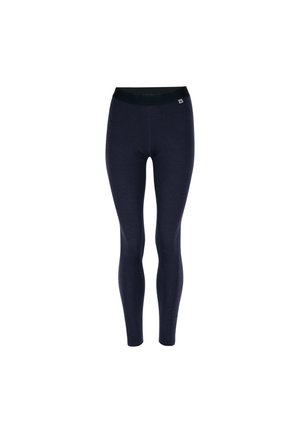 Marineblaue Leggings aus elastischem Stoff. Mit einem breiten schwarzen Taillenbund und einem glatten, nahtlosen Design. Geeignet für verschiedene Aktivitäten.
