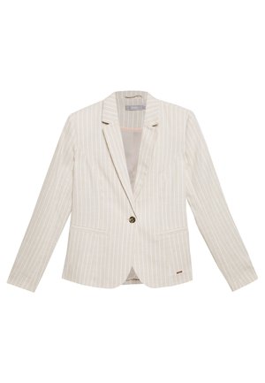 Beige blazer med én knap, tynde hvide vertikale striber, notch reverskrave og to forreste slidserlommer.