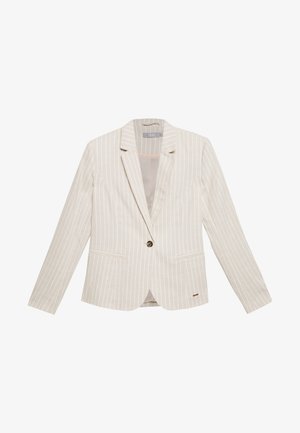 Beige blazer med én knap, tynde hvide vertikale striber, notch reverskrave og to forreste slidserlommer.
