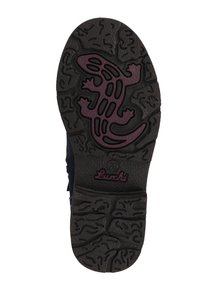 Suela de zapato de goma negra con patrones texturizados y un diseño de lagarto en púrpura oscuro, con la marca "Lurchi" impresa cerca del talón.
