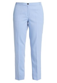 Jasnoniebieskie spodnie wykonane z gładkiego materiału, z zamkiem błyskawicznym z przodu, pojedynczym zapięciem na guzik oraz dwiema bocznymi kieszeniami, dopasowane w kroju.