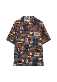 Chemise à manches courtes en tissu présentant un motif géométrique coloré aux tons marron, bleu et crème, avec une fermeture à boutons sur le devant.
