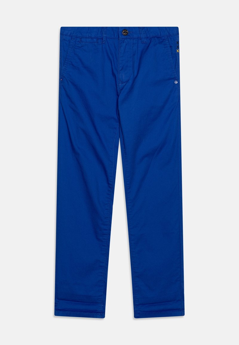 Blauwe katoenen chinos met een recht ontwerp, knoopsluiting bij de taille, twee zijzakken en opgerolde manchetten, met subtiele stikseldetails.