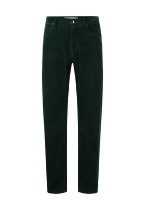 Donkergroene corduroy broek met een slim fit. Bevat voorzakken, een knoopsluiting en subtiele verticale textuur over het geheel.