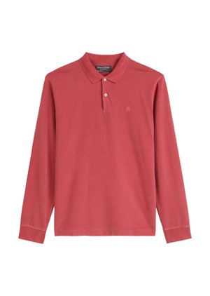 Long-sleeve polo shirt in faded red, made of soft cotton, featuring a three-button placket and a small embroidered logo on the chest.
