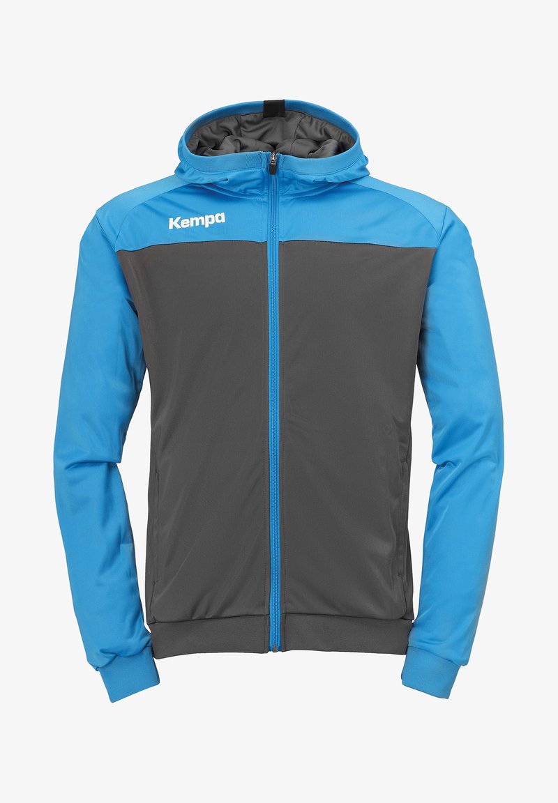 Men's jacket in gray and blue, made of lightweight fabric. Features a zippered front, hood, and contrasting color panels on sleeves.