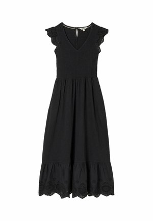 Schwarzes Kleid mit V-Ausschnitt, kurzen Rüschenärmeln, gerafftem Oberteil, fließendem Rock und besticktem Saum. Weiche Stoffstruktur.