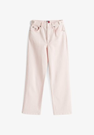 Lichtroze spijkerbroek met een rechte pijp, voorzien van twee voorzakken, een knoopsluiting en zichtbare stikdetails.