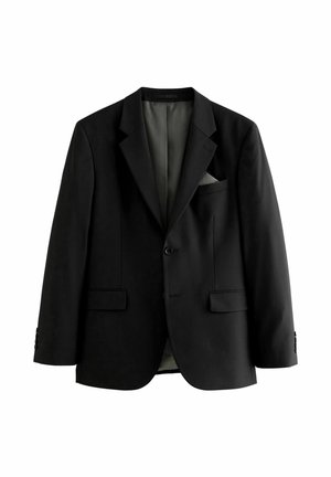Černý blazer s klopami, dvěma předními kapsami, zapínáním na jeden knoflík a světlou zelenou podšívkou. Obsahuje detaily na rukávech s knoflíky.