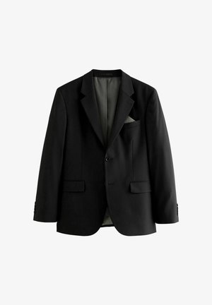 Blazer noir avec revers crantés, deux poches avant, fermeture à un bouton et doublure intérieure vert clair. Présente des détails de manches à boutons.