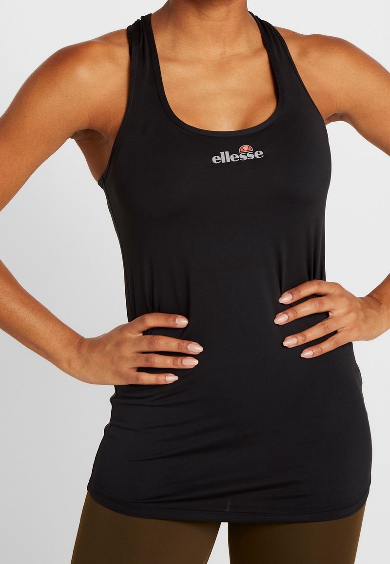 Schwarzes Sport-Tanktop aus leichtem Stoff, mit rundem Ausschnitt und dünnen Trägern. Logo in Grau auf der Brust gedruckt.
