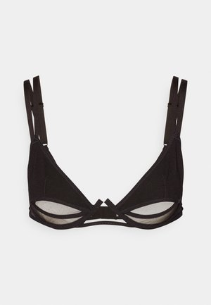 Black triangular bralette featuring thin straps, a sheer mesh panel, and a cut-out detail at the center. Soft fabric with minimal stitching.