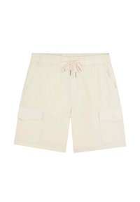 Shorts cargo beiges en tissu léger, dotés d'une taille élastique avec cordon de serrage, de deux poches latérales et d'une poche cargo.
