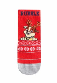 Red sock featuring a cartoon dog with antlers and a collar, white snowflake pattern near the bottom, gray toe, and the word "RUBBLE" in bold font.