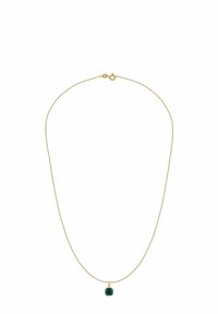 Náhrdelník v zlatej farbe s tenkým retiazkou a zeleným krištáľovým príveskom, valcového tvaru s vybrúsenými plochami, s hladkým vrchom a očkom.