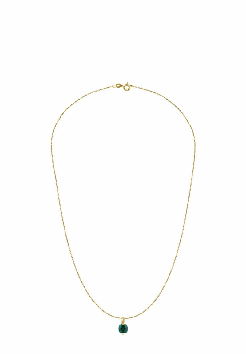 Náhrdelník v zlatej farbe s tenkým retiazkou a zeleným krištáľovým príveskom, valcového tvaru s vybrúsenými plochami, s hladkým vrchom a očkom.