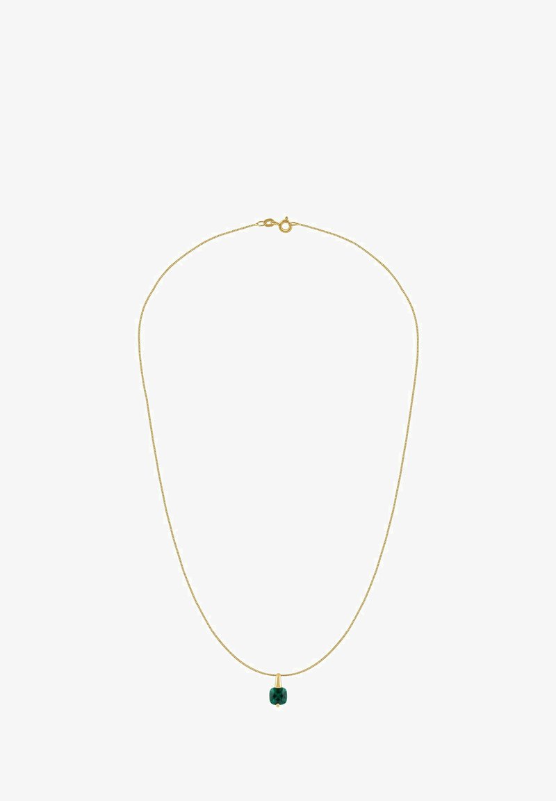 Náhrdelník v zlatej farbe s tenkým retiazkou a zeleným krištáľovým príveskom, valcového tvaru s vybrúsenými plochami, s hladkým vrchom a očkom.