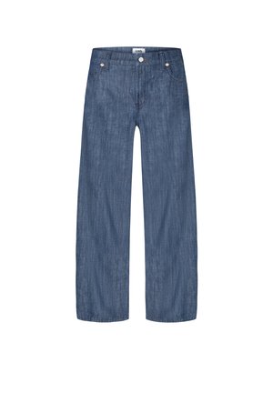 Blauwe denim broek met wijde pijpen, voorzakken, ceintuurlussen en een knoopsluiting.