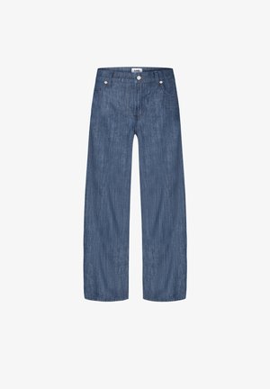 Blauwe denim broek met wijde pijpen, voorzakken, ceintuurlussen en een knoopsluiting.