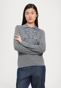 Grijze geribde trui met een kraag, voorzien van blauwe bloemenborduursels aan de voorkant. Lange mouwen en knoopsluiting bij de hals.