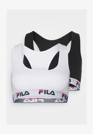 Dos sujetadores deportivos en negro y blanco, con una suave mezcla de algodón, diseño de espalda nadadora y una banda elástica impresa con el logo en la parte inferior.