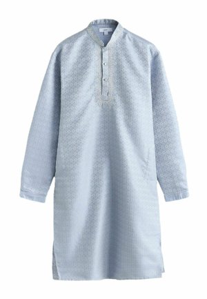 Niebieski kurta z wzorem, bez kołnierza, z trzema guzikami, długimi rękawami i bocznymi rozcięciami. Wykonany z lekkiego materiału z geometrycznymi detalami.