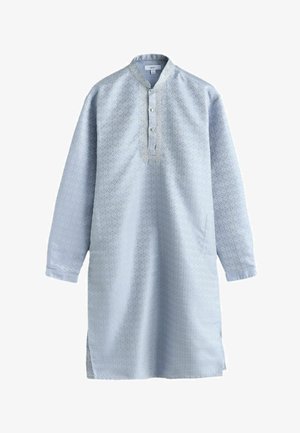 Niebieski kurta z wzorem, bez kołnierza, z trzema guzikami, długimi rękawami i bocznymi rozcięciami. Wykonany z lekkiego materiału z geometrycznymi detalami.