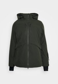 Giacca impermeabile verde scuro con zip frontale, cappuccio regolabile, due tasche frontali e polsini neri a contrasto. Tessuto liscio, design minimale.