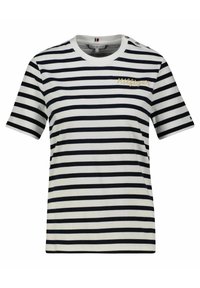 Stribet t-shirt i hvid og navy, lavet af bomuld, med rund hals, korte ærmer, og har guld broderi og dekorative knapper på skulderen.