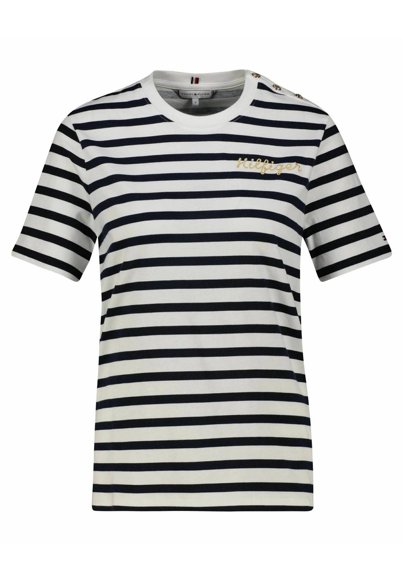 Stribet t-shirt i hvid og navy, lavet af bomuld, med rund hals, korte ærmer, og har guld broderi og dekorative knapper på skulderen.