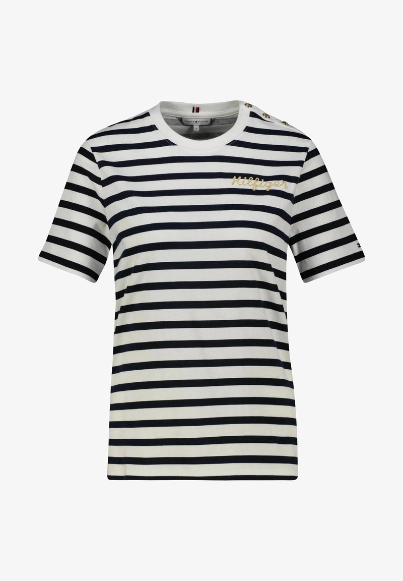 Stribet t-shirt i hvid og navy, lavet af bomuld, med rund hals, korte ærmer, og har guld broderi og dekorative knapper på skulderen.