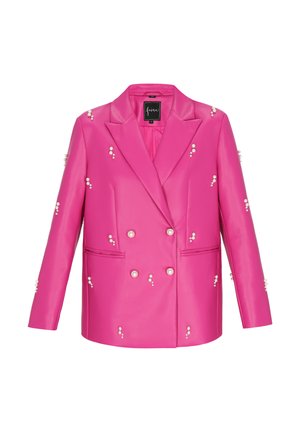 Růžový falešný kožený blazer s dvourohým designem, zdobený bílými perlovými akcenty, vykrojenými klopami a postranními kapsami.