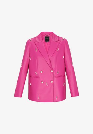 Pink faux leather blazer with double-breasted design, embellished with white pearl accents, notched lapels, and side pockets.