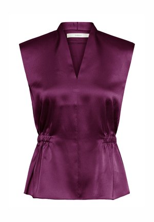 Ärmellose satinierte Bluse in Pflaumenlila mit V-Ausschnitt und gerafften Seiten, mit leicht ausgestelltem Saum und strukturiertem Stoffmuster.