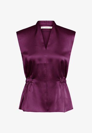 Ärmellose satinierte Bluse in Pflaumenlila mit V-Ausschnitt und gerafften Seiten, mit leicht ausgestelltem Saum und strukturiertem Stoffmuster.
