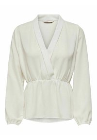 Blouse blanche à manches longues avec un design enveloppant, présentant un décolleté en V profond, une taille élastique et des poignets froncés pour une texture supplémentaire.