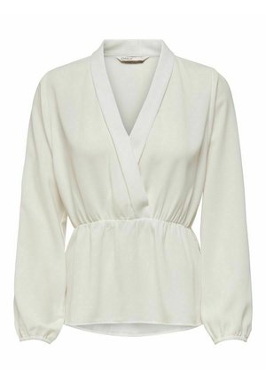 White long-sleeve blouse with a wrap design, featuring a deep V-neck, elastic waistband, and gathered cuffs for added texture.